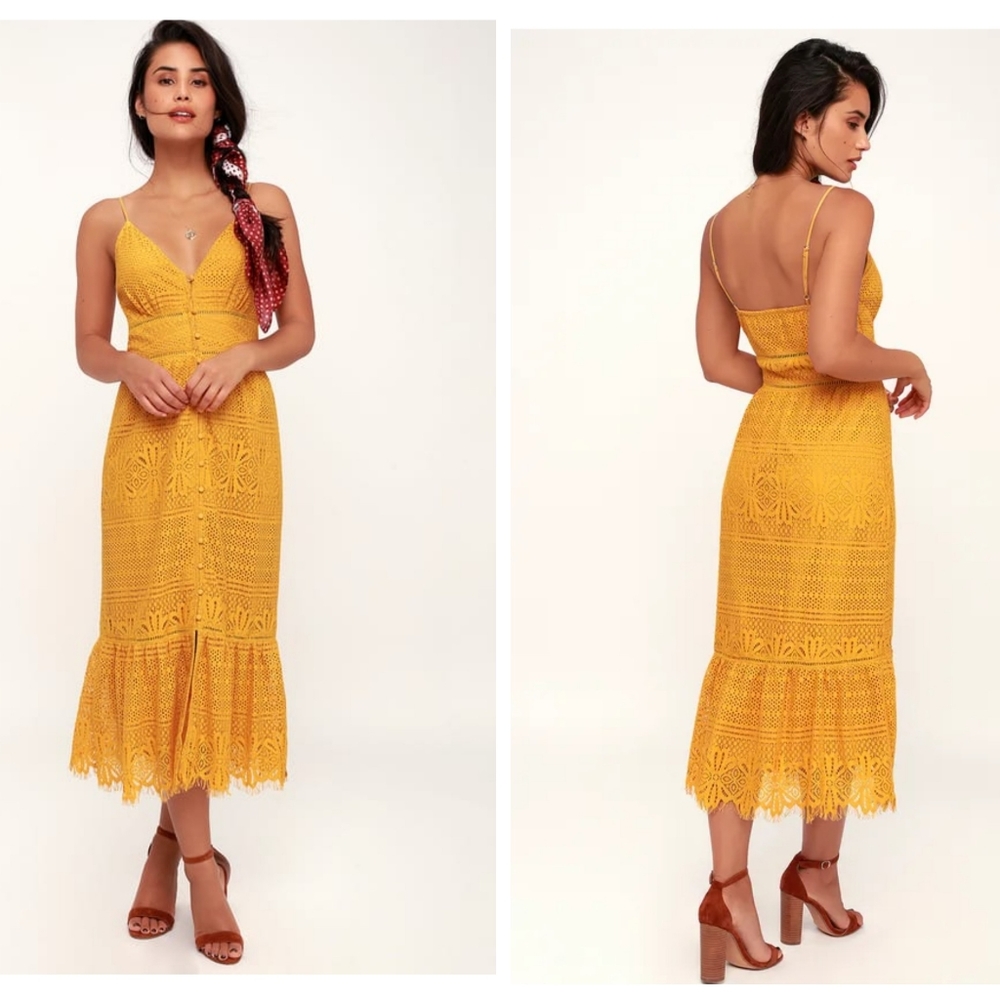Lulus Robyn Mustard Yellow Lace Midi Dress